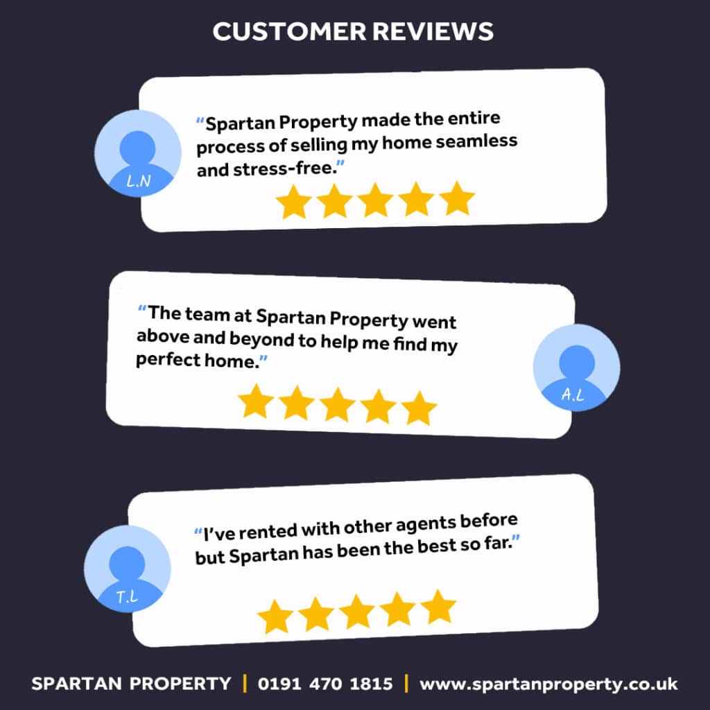 Customer reviews praising Spartan Property for exceptional estate agency services with five-star ratings.