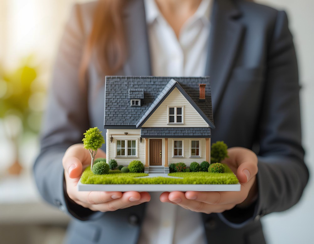 Estate agent holding a model house, representing Spartan Property Estate Agents' real estate services.