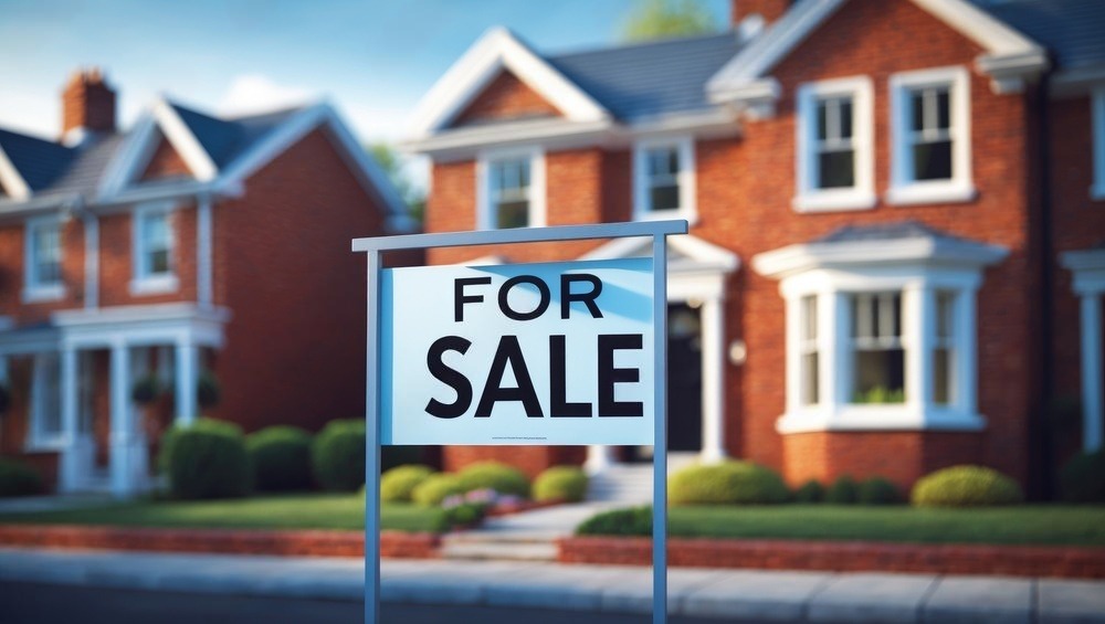 For sale sign by Spartan Property Estate Agents in front of a red brick house.